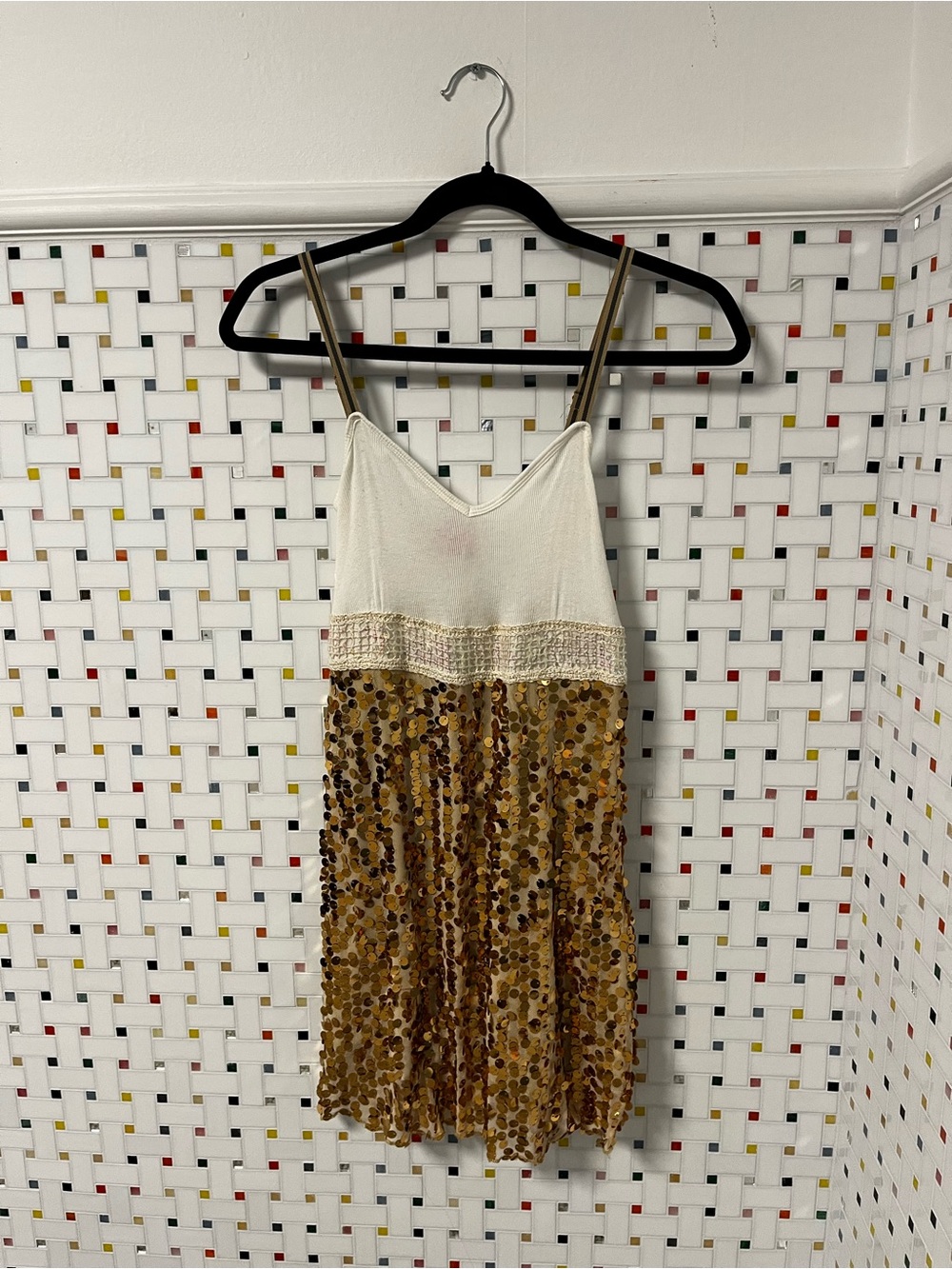 Free People White Bodice Gold Sequin Mini Dress